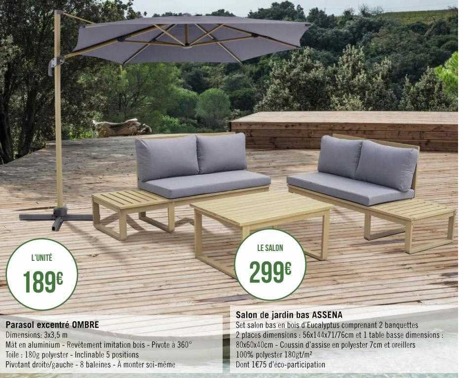 parasol excentré ombre, salon de jardin bas assena