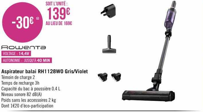 aspirateur balai rh1128w0 gris-violet rowenta