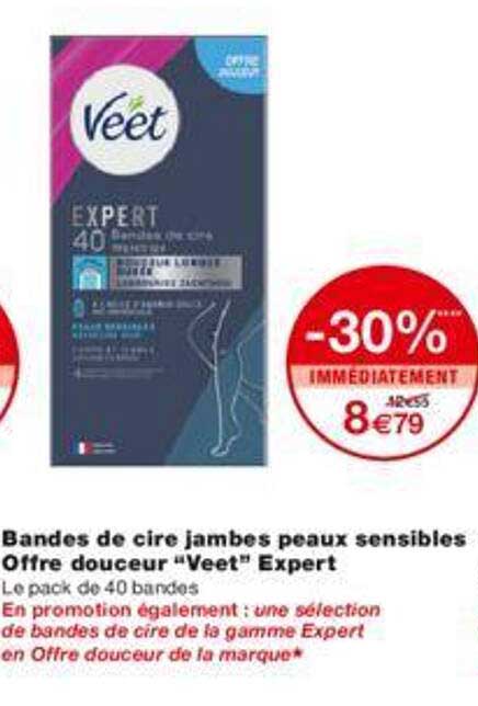 bandes de cire jambes peaux sensibles offre douceur "veet" expert