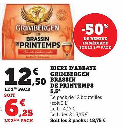 bière d'abbaye grimbergen brassin de printemps 5.5° -50% de remise immédiate sur le 2ème pack