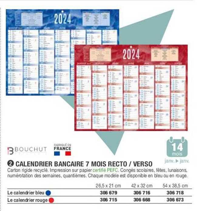 calendrier bancaire 7 mois recto verso bouchut