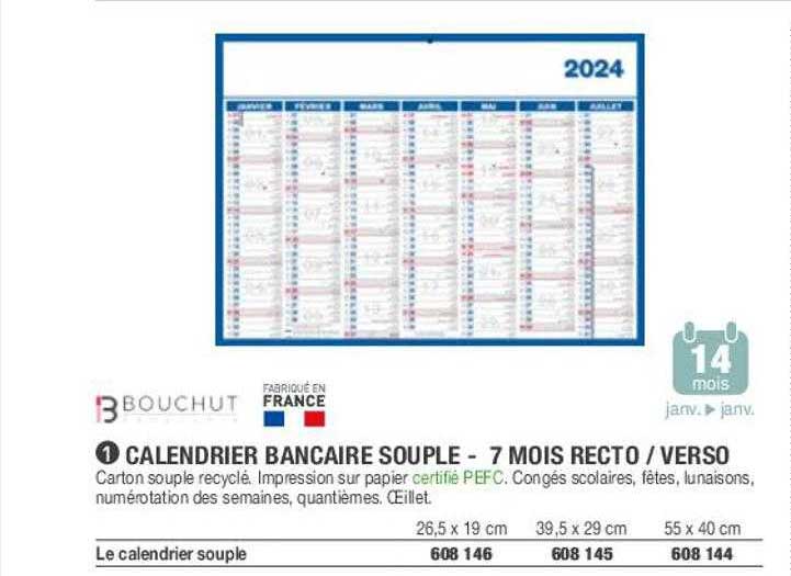 calendrier bancaire souple - 7 mois recto verso bouchut