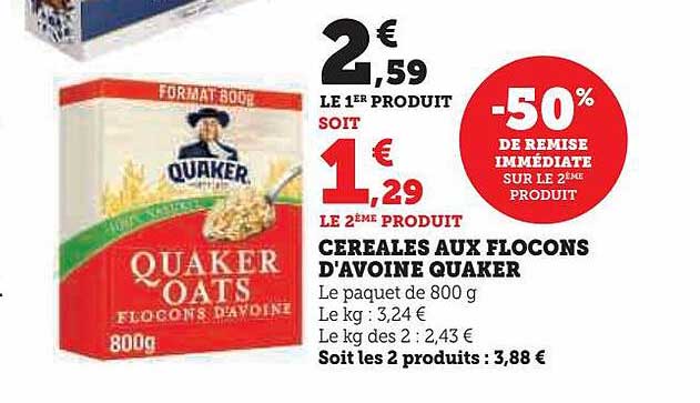 céréales aux flocons d'avoine quaker -50% de remise immédiate sur le 2ème produit