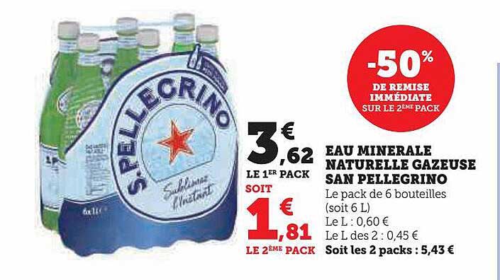 eau minérale naturelle gazeuse san pellegrino -50% de remise immédiate sur le 2ème pack