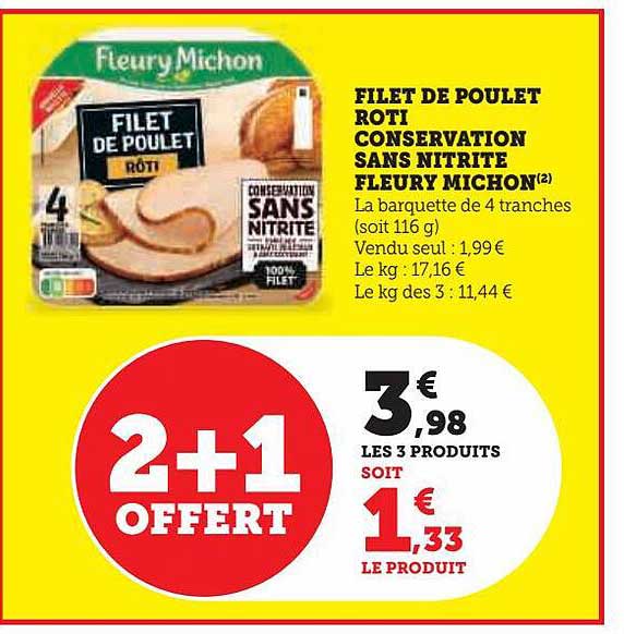 filet de poulet rôti conservation sans nitrite fleury michon 2+1 offert