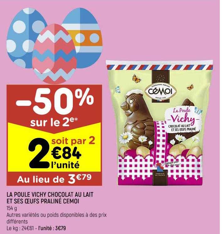 la poule vichy chocolat au lait et ses œufs praliné cémoi
