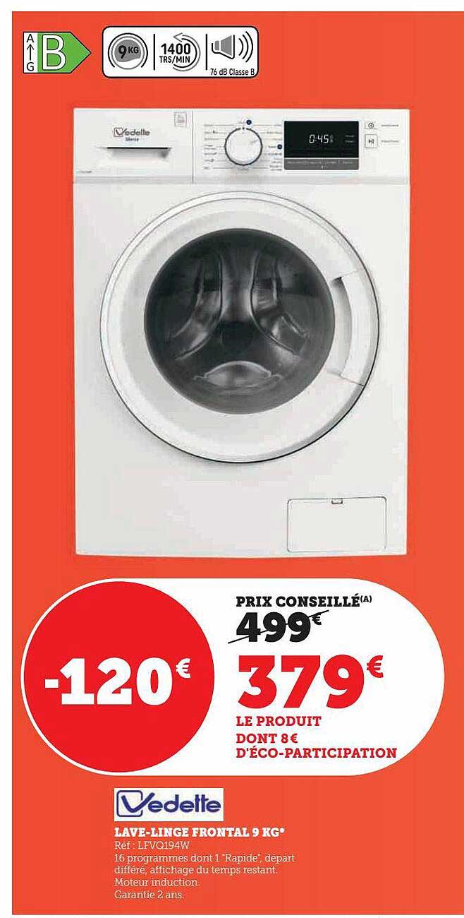 lave-linge frontal 9 kg vedette