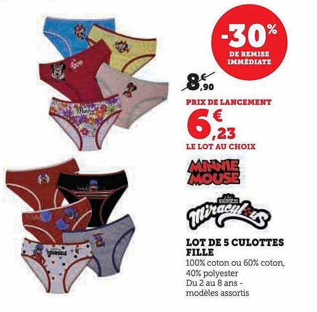 lot de 5 culottes fille minnie mouse miraculous