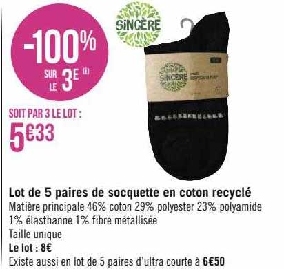 lot de 5 paires de socquette en coton recyclé sincère