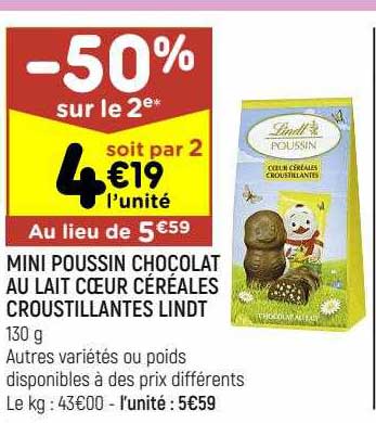 mini poussin chocolat au lait cœur céréales croustillantes lindt -50% sur le 2e