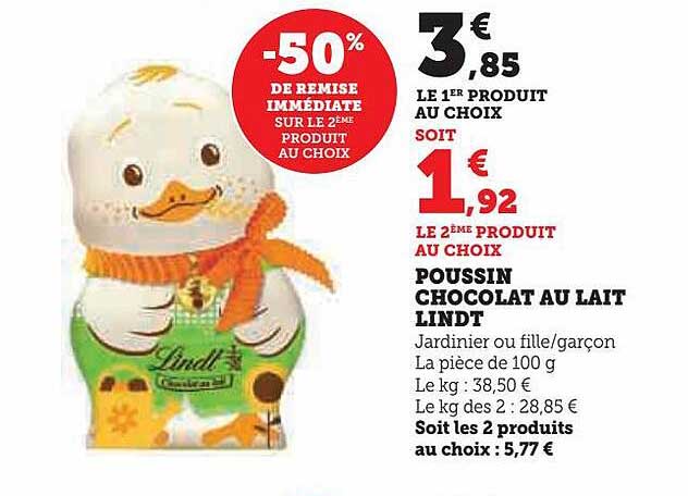 Poussin Chocolat Au Lait Lindt -50% De Remise Immédiate Sur Le 2ème Produit Au Choix