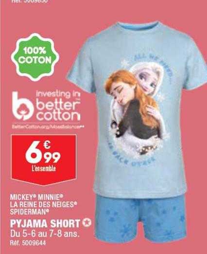 pyjama short mickey, minnie, la reine des neiges, spiderman