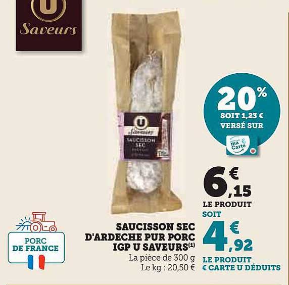 saucisson sec d'ardèche pur porc igp u saveurs