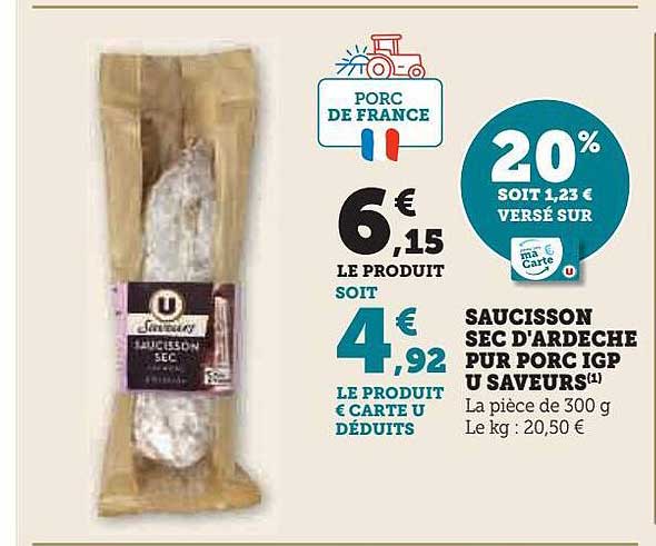 saucisson sec d'ardèche pur porc igp u saveurs