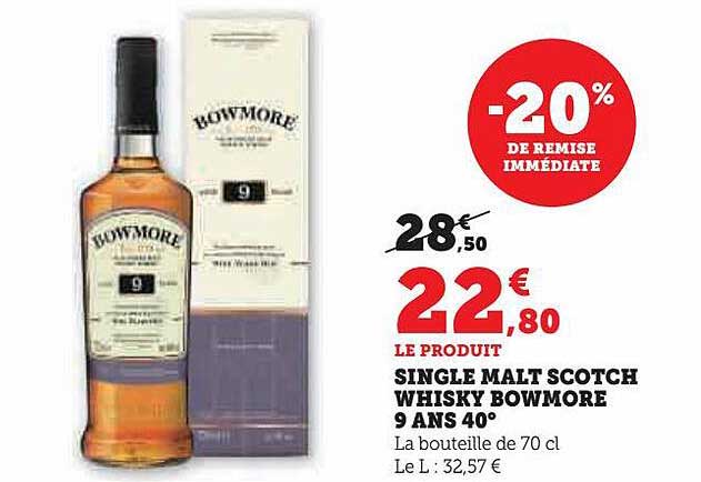 single malt scotch whisky bowmore 9 ans 40° -20% de remise immédiate