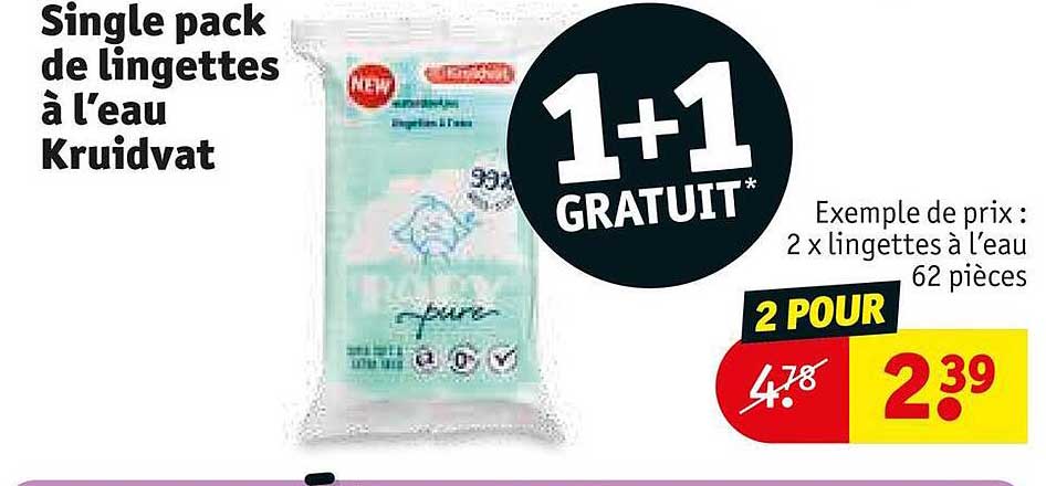 single pack de lingettes à l'eau kruidvat 1+1 gratuit