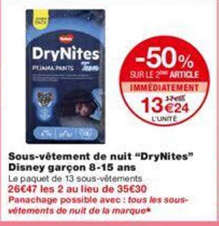 sous-vêtement de nuit "dryNites" disney garçon 8-15 ans