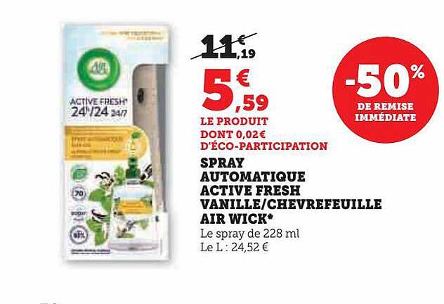 spray automatique active fresh vanille chevrefeuille air wick -50% de remise immédiate