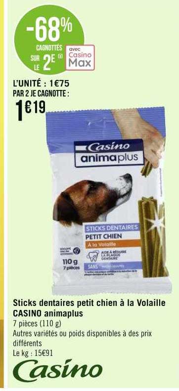 sticks dentaires petit chien à la volaille casino animaplus