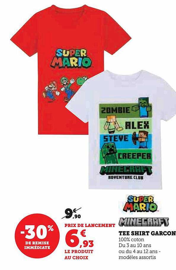 Super Mario Minecraft Tee Shirt Garçon -30% De Remise Immédiate