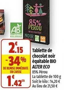tablette de chocolat noir équitable bio alter eco