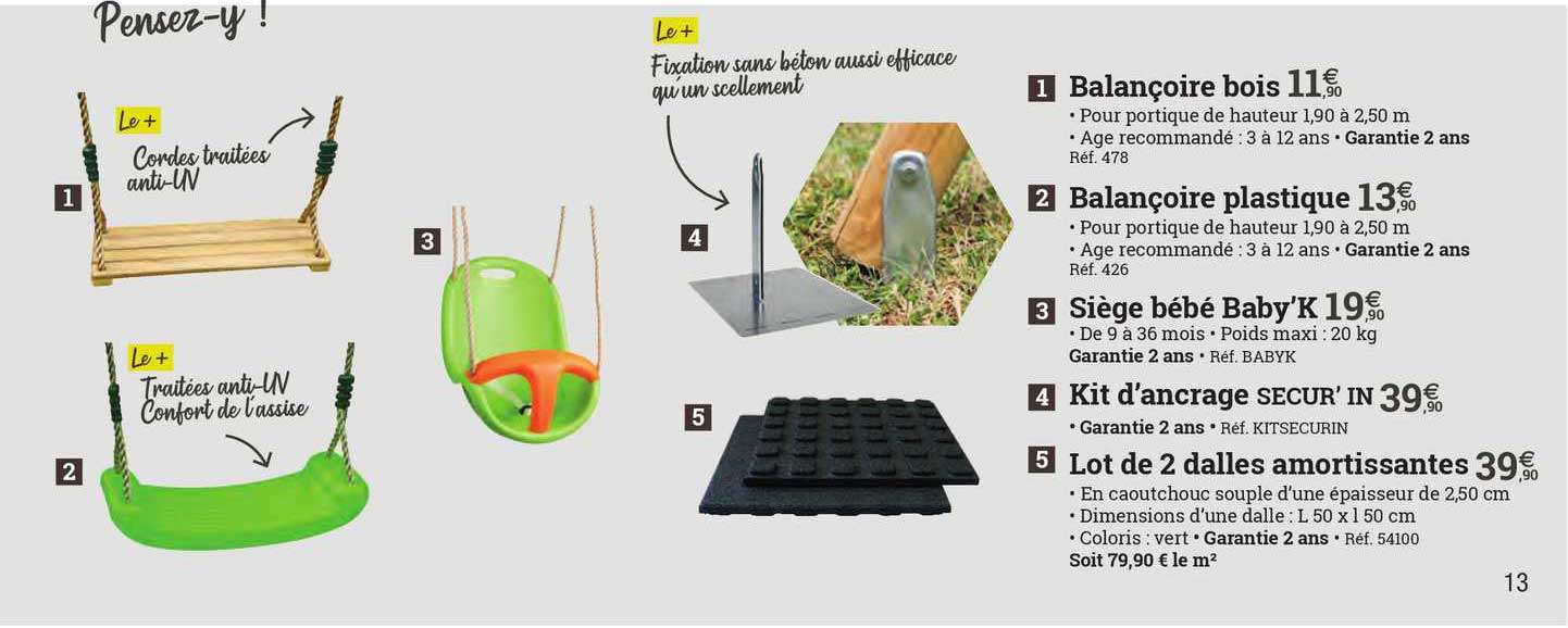 balançoire bois, balançoire plastique, siège bébé baby'k, kit d'ancrage secur'in, lot de 2 dalles amortissantes