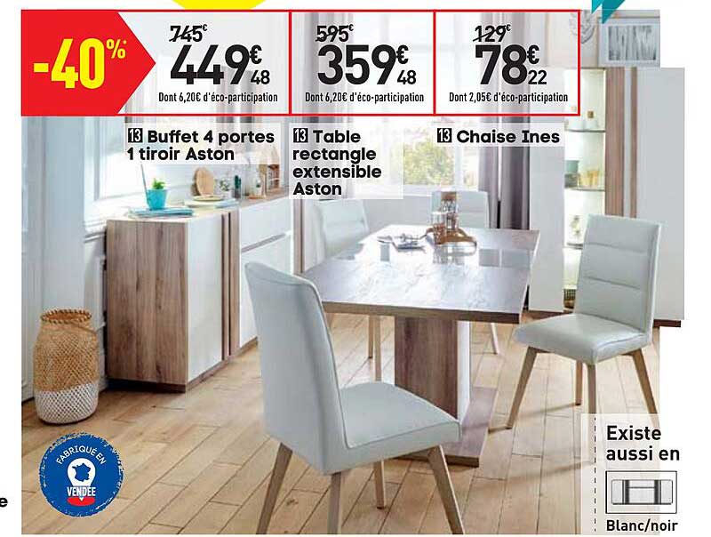 buffet 4 portes 1 tiroir aston, table rectangle extensible aston, chaise inès