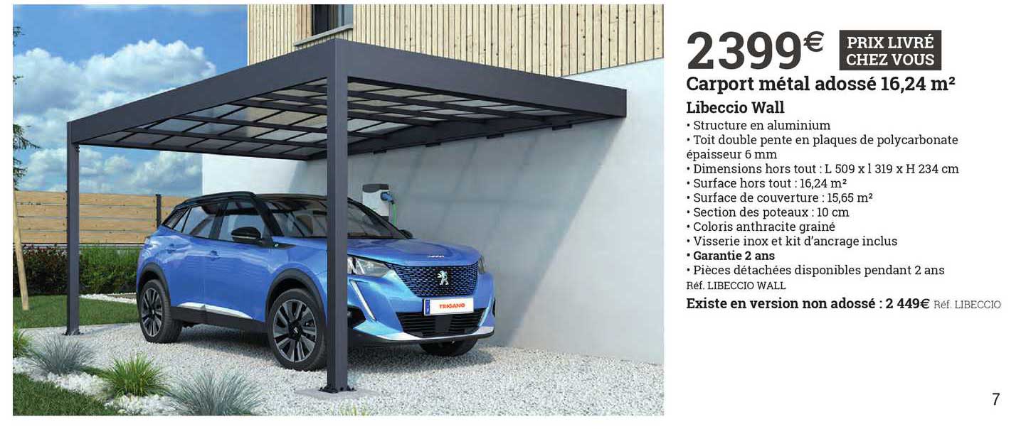 carport métal adossé 16,24 m² libeccio wall