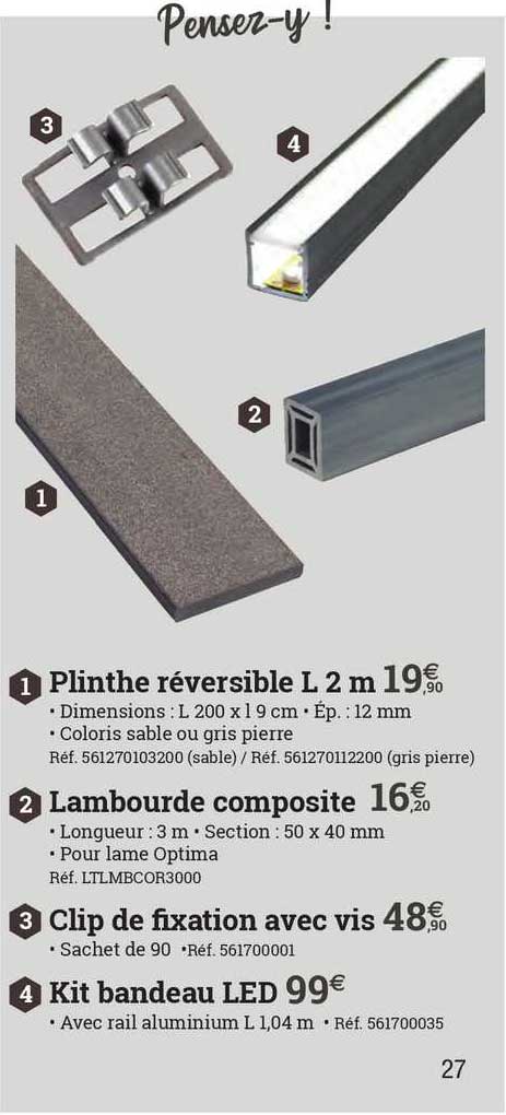 plinthe réversible l 2 m, lambourde composite, clip de fixation avec vis, kit bandeau led