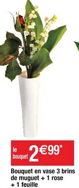 Bouquet En Vase 3 Brins De Muguet + 1 Rose + 1 Feuille