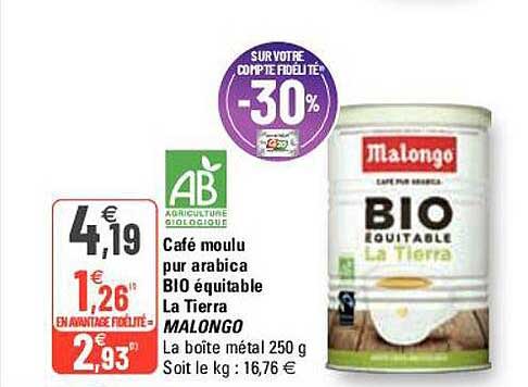 café moulu pur arabica bio équitable la tierra malongo