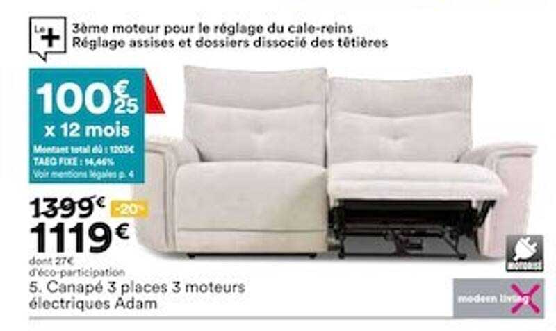 canapé 3 places 3 moteurs électriques adam modern living