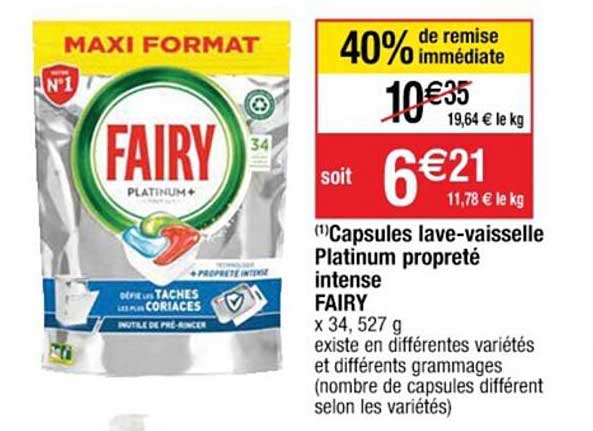 capsules lave-vaisselle platinum propreté intense fairy