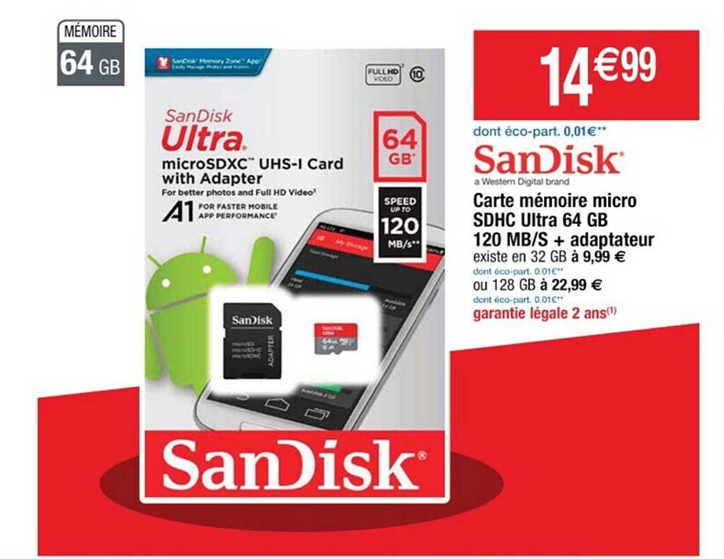 carte mémoire micro sdhc ultra 64 gb 120 mb-s + adaptateur sandisk
