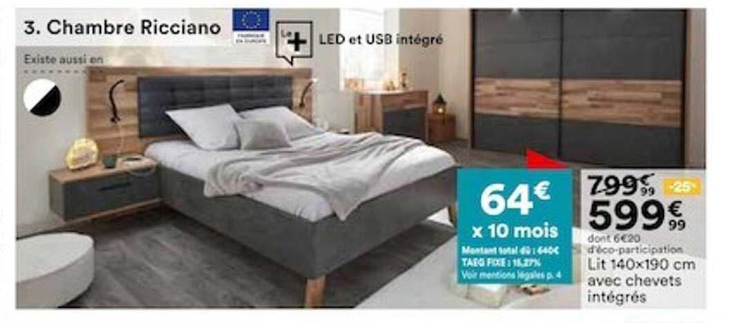 chambre ricciano lit 140x190 cm avec chevets intégrés