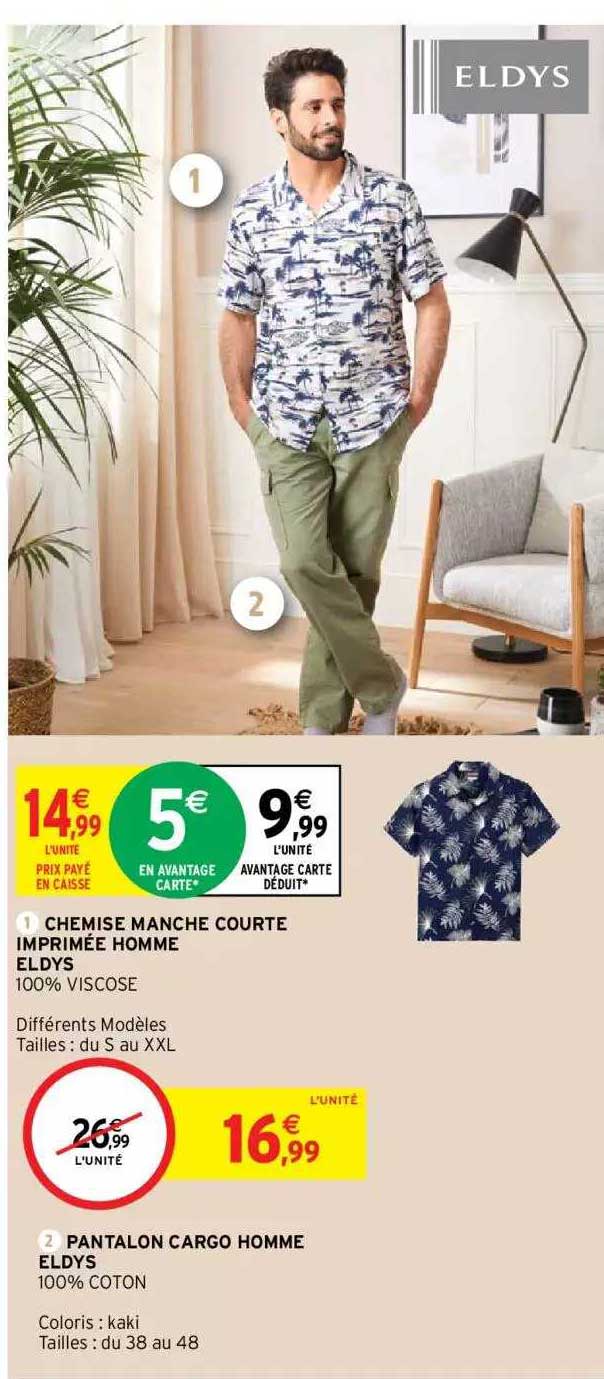 chemise manche courte imprimée homme eldys, pantalon cargo homme eldys