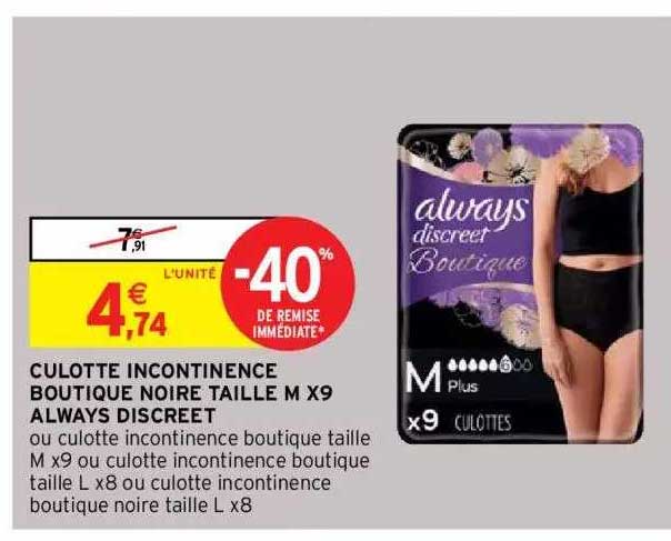 culotte incontinence boutique noire taille m x9 always discreet