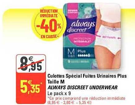 culottes spécial fuites urinaires plus taille m always discreet underwear