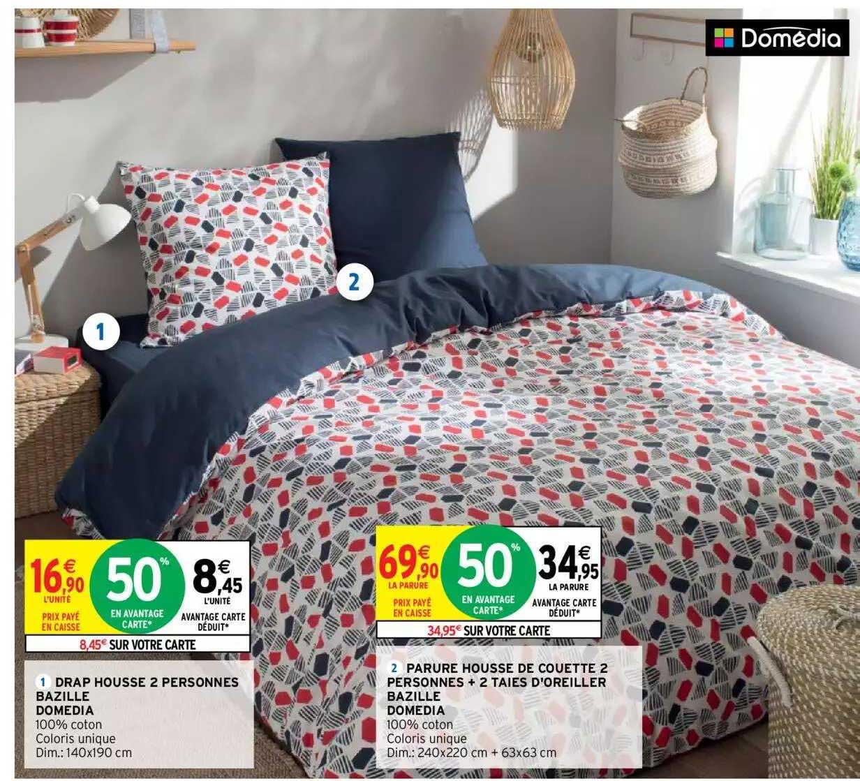 drap housse 2 personnes bazille domédia, parure housse de couette 2 personnes + 2 taies d'oreiller bazille domédia