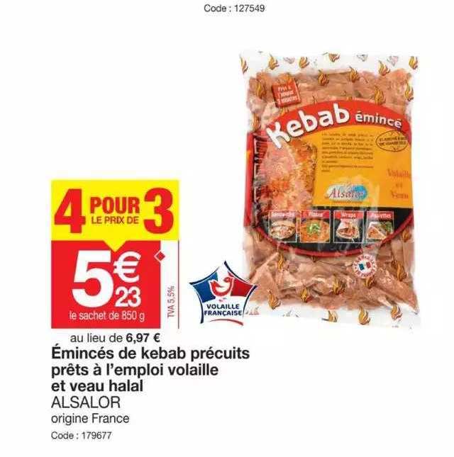 émincés de kebab précuits prêts à l'emploi volaille et veau halal alsalor