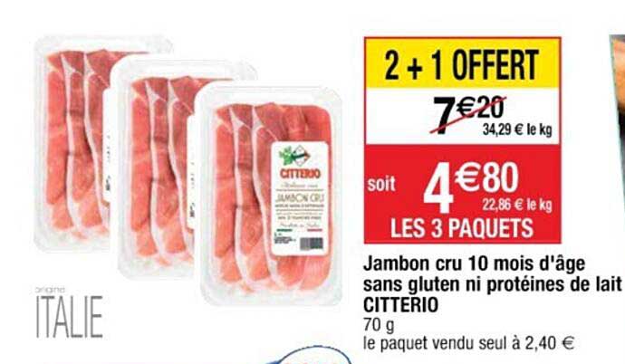 jambon cru 10 mois d'âge sans gluten ni protéines de lait citterio