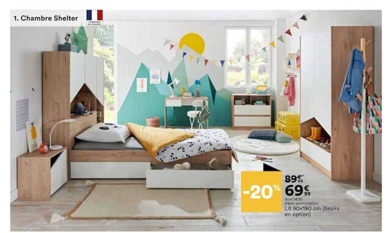 chambre shelter lit 90x190 cm tiroirs en option