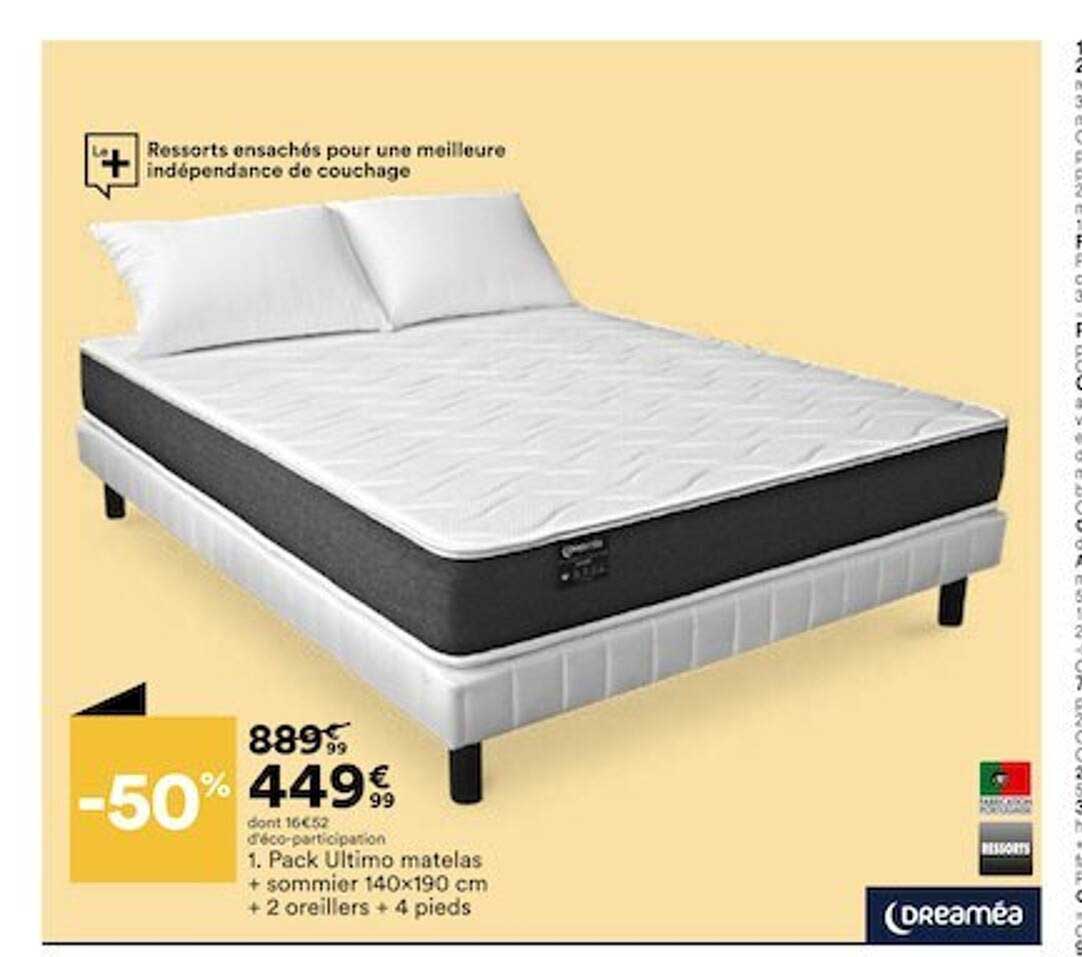 pack ultimo matelas + sommier 140x190 cm + 2 oreillers + 4 pieds dreaméa