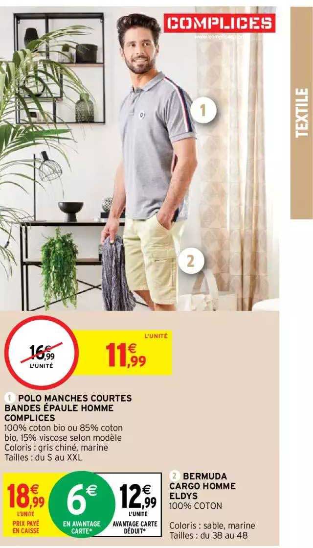 Polo Manches Courtes Bandes épaule Homme Complices, Bermuda Cargo Homme Eldys