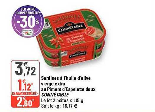 sardines à l'huile d'olive vierge extra au piment d'espelette doux connétable