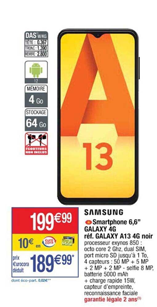 smartphone 6,6" galaxy 4g a13 4g noir samsung