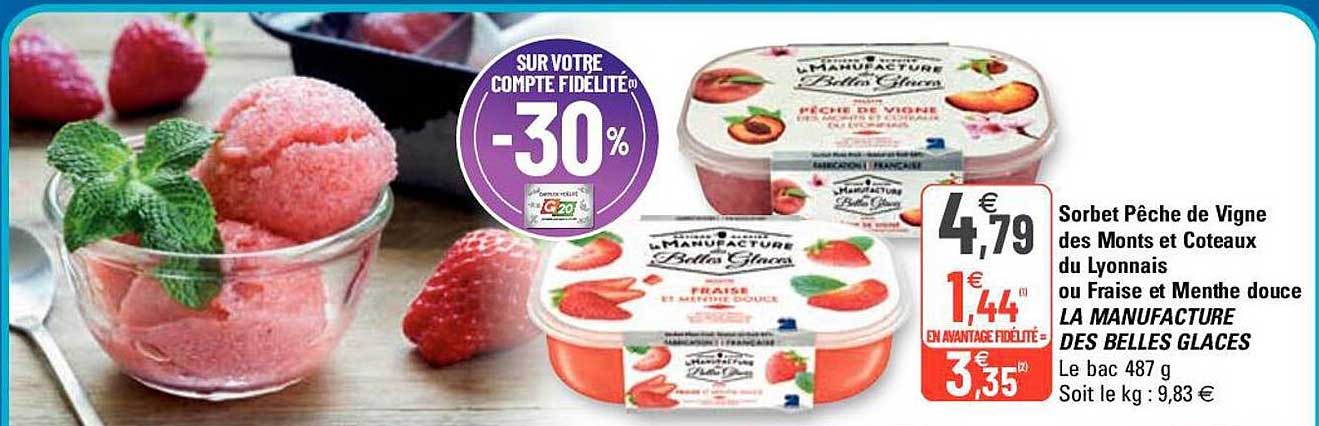 sorbet pêche de vigne des monts et coteaux du lyonnais ou fraise et menthe douce la manufacture des belle glaces