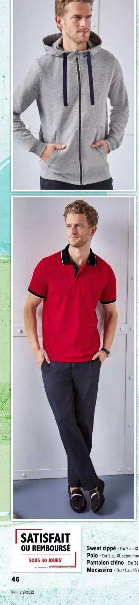 sweat zippé, polo, pantalon chino, mocassin