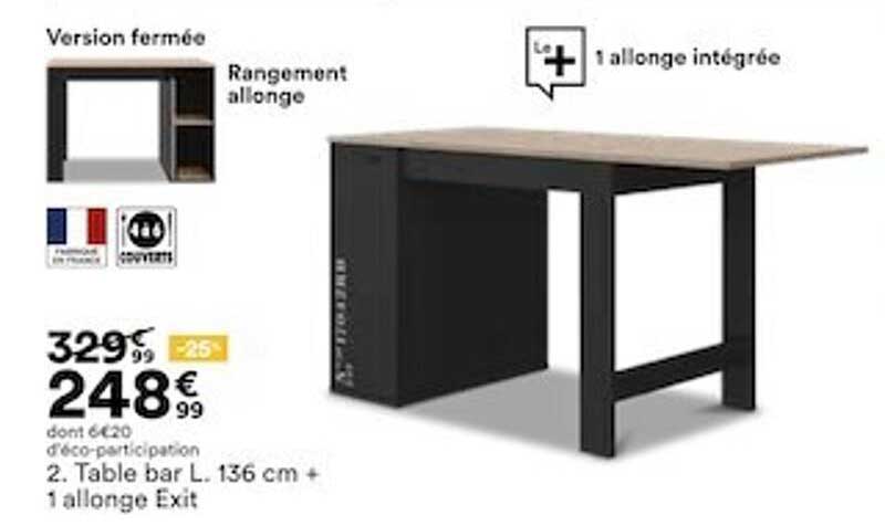 table bar l. 136 cm + 1 allonge exit
