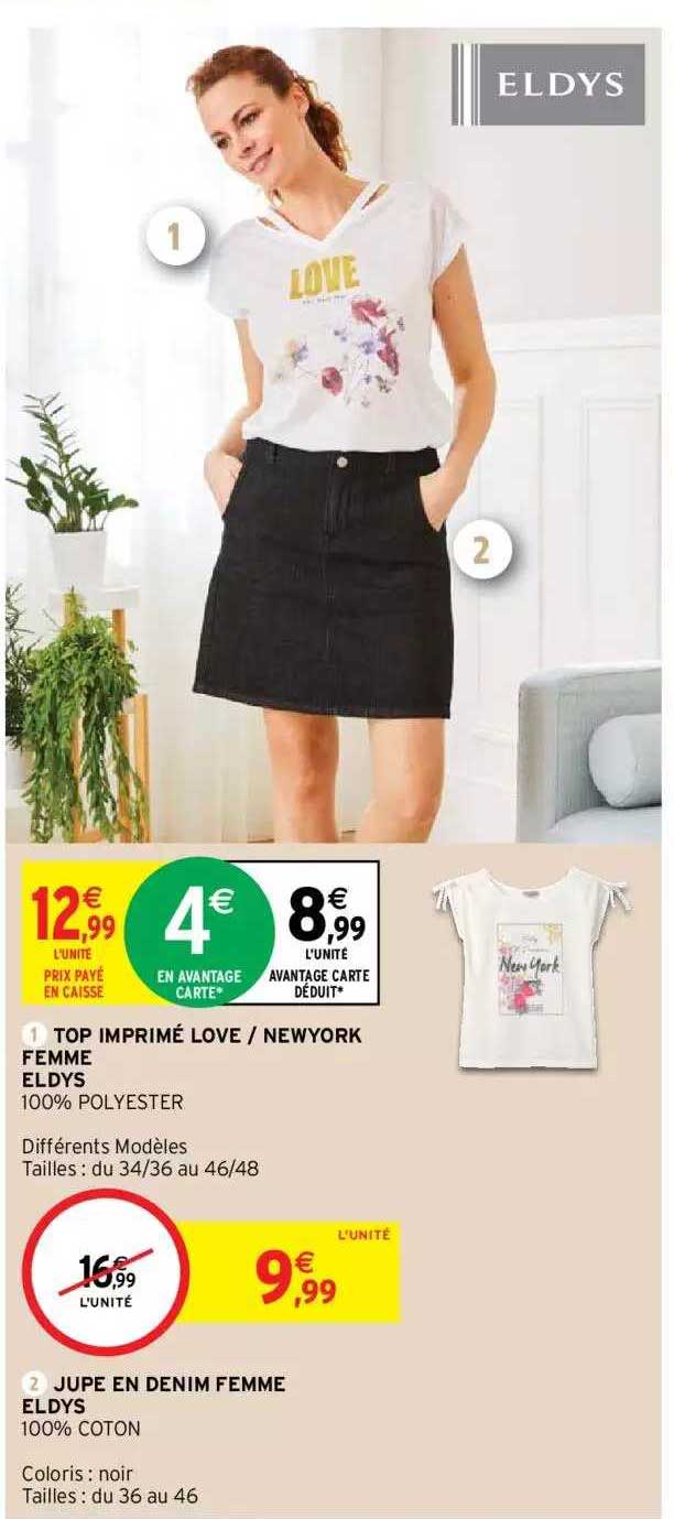 top imprimé love - newyork femme eldys, jupe en denim femme eldys